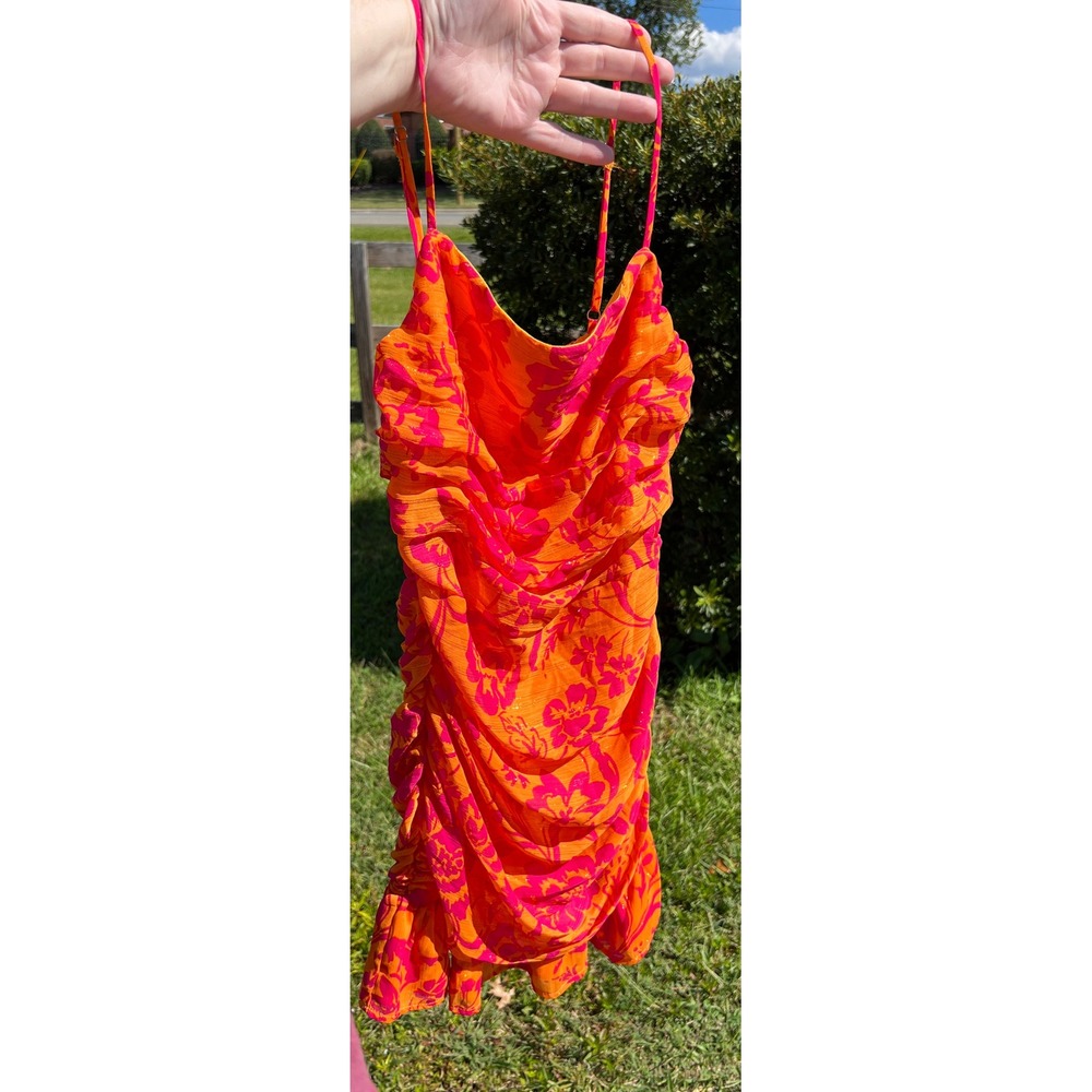 Hello Molly Orange Pink Floral Ruched Mini Dress Size 2 XS Tropical Bodycon
